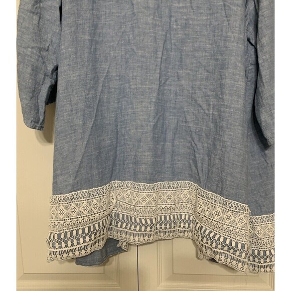 Catherines Linen Blend Chambray Blue & Crochet Lace Open Cardigan Size 3X (X26) - Picture 8 of 9